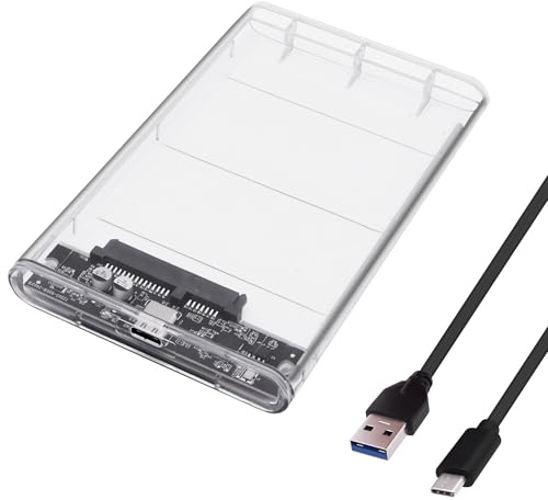 YARCHONN Caja de disco duro externo SATA de 2.5 pulgadas, USB tipo C a SATA III, sin herramientas, caja de unidad de estado sólido transparente con cable de datos USB 3.0 para disco duro SSD HDD de 7