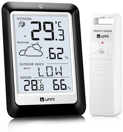Funk Wetterstation mit Außensensor Batteriebetrieb, Wettervorhersage Funkwetterstation 100M/330FT, °C/°F, 2 Helligkeitsstufen Einstellung (Taupunkt Schimmel- Hitze-Index) Schwarz