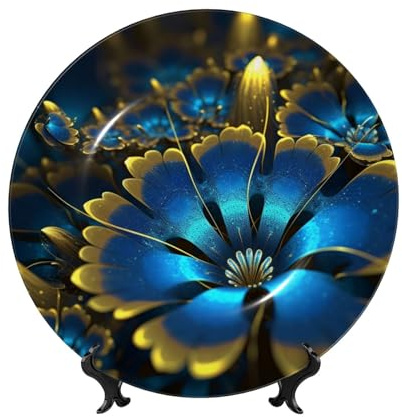 KLLTYHMU Assiette décorative en porcelaine anglaise bleue et dorée de 20,3 cm, assiettes décoratives en céramique élégante avec support de présentation, artisanat pour la maison, la cuisine, la