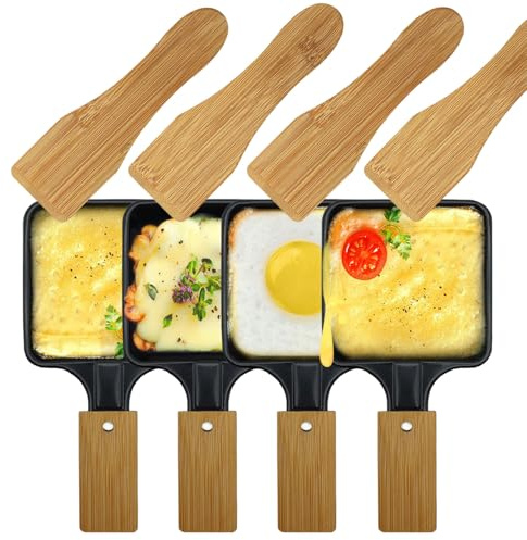 Kosmosta 4 Pack Mini Square Raclette Cheese Pan with Bamboo Handle, 4 Bamboo Spatulas, Non-Stick Iron Trays, Mini Raclette Grill Pan, Replacement Accessories for Raclette Machines