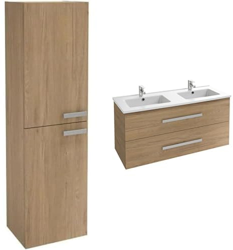 Jacob Delafon, Meuble Colonne Ola UP 40cm, Grande Capacité, Porte Réversible, Poignées Métal + Meuble Ola UP 120cm, Plan Double Vasque Céramique, 2 Tiroirs Fermeture Douce, Grande Capacité