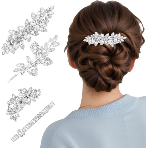 Nogeqi 4 Stück Strass Braut Haarschmuck, Französische Haarspange Silber, Glitzer Silberne Haarspange Hochzeit Rhinestone Hair Clip mit Funkelnden Kristallsteinen Kopfstücke Schmuck für Damen Frauen