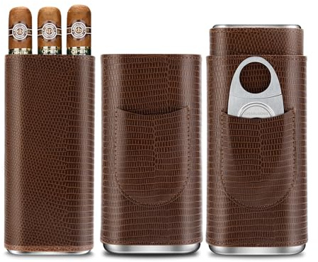 Zigarrenetui Leder Humidor Box mit Zigarrenschneider aus Edelstahl und Futter aus Zedernholz, Tragbares Zigarrenetui für 3 Zigarren, Reise Zigarrenetui für Draußen (Braun)