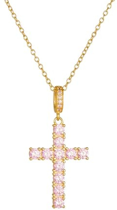 Tolldek Gelbgold 14K Au585 Damen Kette Vintage, Anhänger Damenkette Kreuz mit Kristall Rundschliff Rose, Halsketten für Frauen 585 Gold Echt Gold, 40+5