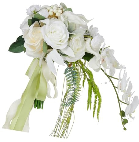GKYQVE Bouquet da sposa in tessuto setoso con rose bianche di seta e calle gigli bouquet ornamento per regali decorazione ufficio decorazioni aziendali