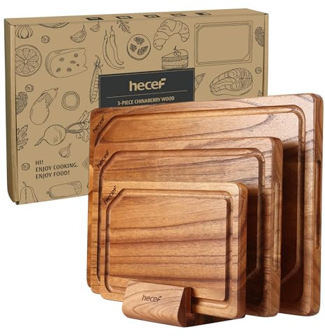 hecef Lot de 3 planches à découper en bois avec support, découpe et service | 3 tailles, réversibles pour découper et servir, 2 faces creusées pour mieux présenter les aliments, poignées intégrées