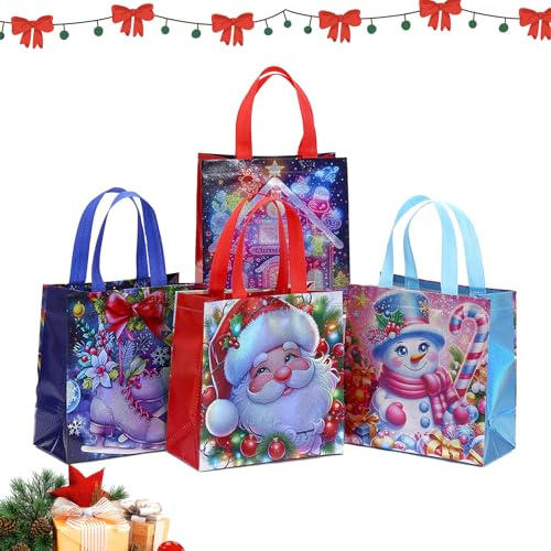 BSITSSS 4 Stück Geschenktüten Weihnachten, 23x22x11cm Non Woven Weihnachtstaschen Groß, Wiederverwendbare Weihnachtsgeschenktüten mit Griffen, Weihnachts Geschenktüten für Partygeschenke