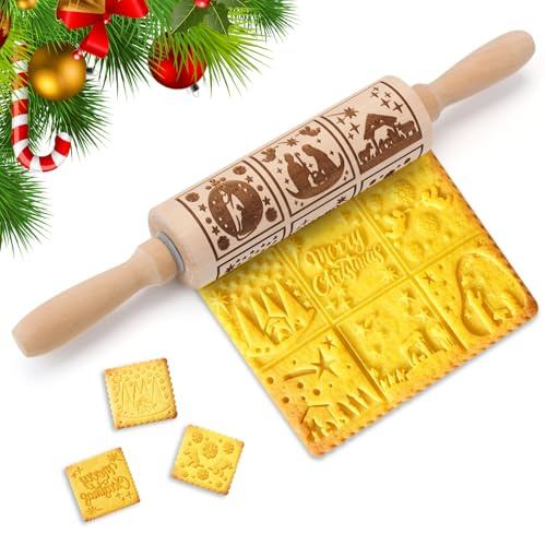 Weihnachten Geprägt Teigroller, Teigroller Nudelholz mit Muster, Nudelholz Mit Muster, 3D Holz Teigrollers, Präge Nudelholzs Backzubehör für Backen Von Gebäck, Kuchen, Keksen, Fondant