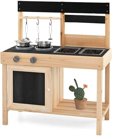 RELAX4LIFE Cucina Giocattolo per Bambini, Set di Cucina in Legno con 2 Lavandini Rimovibili, Lavagne, Fornello e Utensili da Cucina, Giocattolo Educativo per Bambini 3+ Anni
