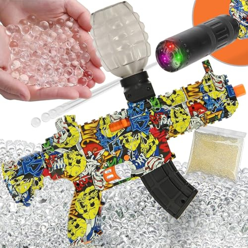 Electric Gel Blaster Water Bullet Splatter – Full Auto Rapid-Fire with Flashing LED Tracer System, High-Capacity Hopper,15-20m Range & 10k Rounds, Perfect outdoor game – Ages 14+ (Yellow Graffiti)