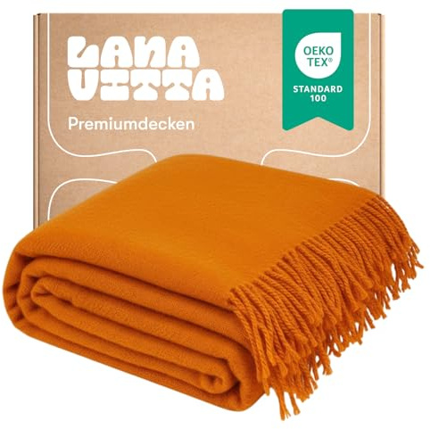 Lanavitta – Wolldecke „Runo“ – Tagesdecke & Bettüberwurf – 100 % Neuseeland-Wolle, Warmer Sofa-Plaid – Orange – 140x200 cm