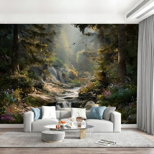 Générique 3D Papier Peint Intissé Jungle Rivière Cascade Paysage Papier Peint Panoramique Pour Salon Chambre D'Enfant Poster Mural xxl Plantes Et Fleurs Vertes Décoration Murale 250x175cm(L x H)