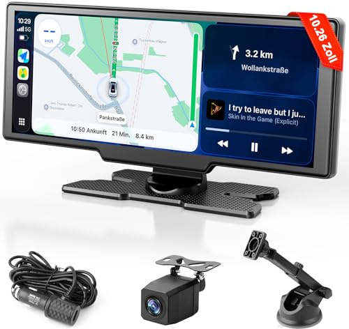 Carplay Display für Apple Car Play Android Auto, 10,26 Zoll Tragbares Wireless CarPlay mit 1080P Rückfahrkamera, GPS Navigation, Bluetooth 5.2 Sprachsteuerung Mirror Link AUX FM, unterstützt TF Karte