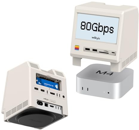 Wokyis M5 Retro Dock Station per Mac mini M4 Pro, 80 Gbps M.2 NVMe SSD Enclosure con ventola di raffreddamento, compatibile con Thunderbolt 5/4/3/USB 4, display HD da 5 pollici, lettore SD/Micro SD