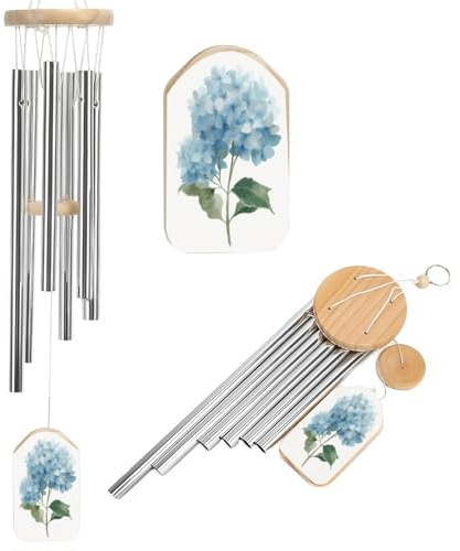 Carillon à vent aquarelle botanique bleu hortensia funéraire avec 6 tubes en aluminium pour décoration de jardin