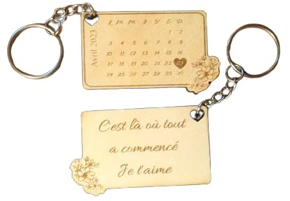 Porte clé calendrier personnalisé gravé en bois - date de rencontre, naissance, mariage, autre évènement - conçu et fabriqué en france - idéal saint valentin, anniversaire, date à mémoriser