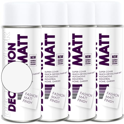 Deco Color 4er Sparpack Lackspray Matt nach RAL in 400ml zur Lackierung von Auto Stahl Aluminium Beton Holz (4 Dosen in verkehrsweiss MATT RAL 9016)