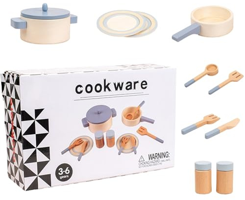 Plats Et Assiettes De Jeu en Boiss – Ensemble D'accessoires De Cuisine en Bois 700 G | Casseroles Et Poêles en Boiss pour, Accessoires De Cuisine Miniatures, 10 Jouets en Bois