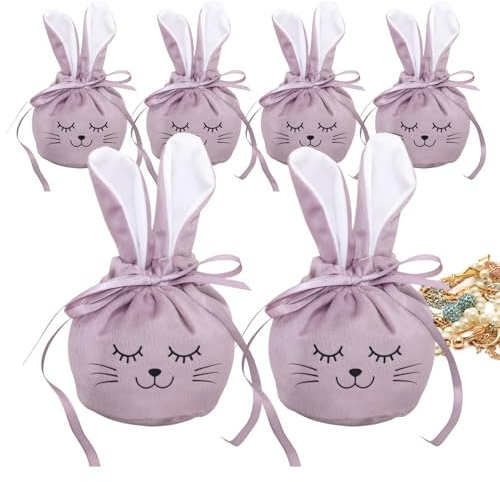 6 STK presentpåsar för påskhare, 4,7x3,9'' presentpåsar för påskkaninöron med dragsko for godis, godis, smycken, dragväska i sammet for festfödelsedagsbröllop