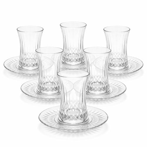 vienberg Teegläser Set 12-teilig, 6 Teegläser 100 ml + 6 Unterteller, Türkischer Tee Glas Kristalloptik, dickwandig, spülmaschinenfest, cadmium- und bleifrei, cay bardak (Ribbed)