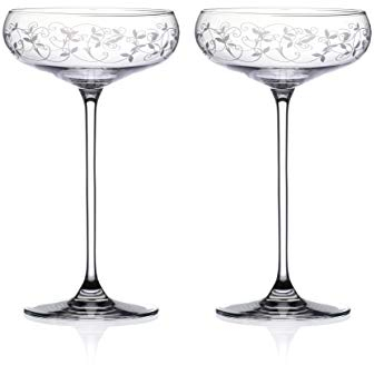 DIAMANTE Champagne, Cocktail or Prosecco Coupes/Saucers Glasses Pair with Arabesque Floral Etched Design in a Gift Box