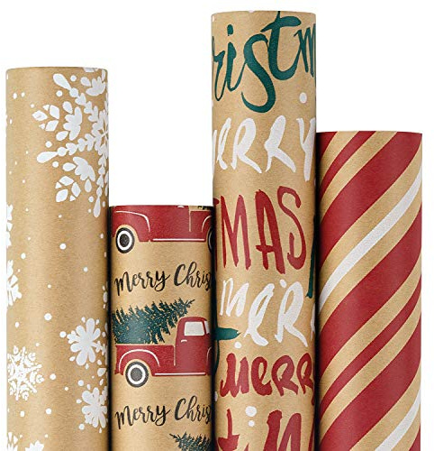 RUSPEPA Weihnachtsgeschenkpapier, Kraftpapier - Schneeflocken, Auto Und Weihnachtsbaum, Streifen Und Frohe Weihnachten - Christmas Elements Collection - 4 Rollen - 76cm X 305cm Pro Rolle