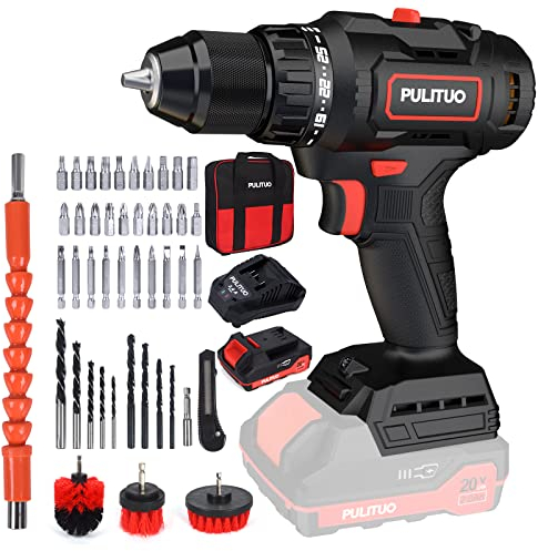 PULITUO Akku-Bohrschrauber mit Batterie, 20V bürstenlose Bohrmaschine, Bohrmaschine (60N · m, 25 + 1 Drehmomenteinstellung / 2000mAh / 2 variable Geschwindigkeit 13mm Spannfutter)