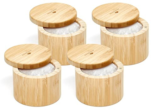 RoyalHouse 6 Oz Capacity Natural Bamboo Salt and Pepper Holder With Bamboo Lid, Salt Cellar With Magnetic Swivel Lid, Healthy Storage Box For Herbs Or Favorite Seasonings (Pack of 4)