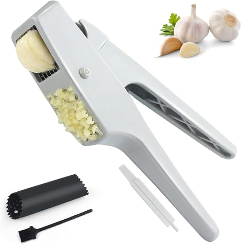 2 in 1 Garlic Press Garlic Slicer and Mincer, Dual Function Garlic Mincer and Slicer with Garlic Cleaner Brush and Silicone Tube Peeler Set,Ginger Garlic Crusher and Masher