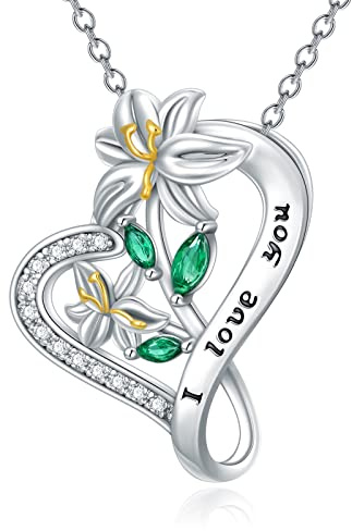 SLIACETE Lilien Halskette für Frauen Mädchen 925 Sterling Silber Lilienblume und Herz Zierliche Anhänger Kette Mai Geburtsblume Lilienblume Schmuck Geschenke