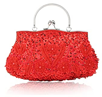 CORIOS Bolsa de Noche para Mujer Vintage Floral con Cuentas Clutch Embrague de Lentejuelas Bolsos de Fiesta Bolso de Boda Elegante Bolso de Hombro para Lujoso Fiesta de Graduación Banquete Rojo