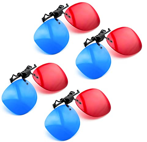 PRECORN Set di 4 occhiali 3D Clip-On 3D in rosso/blu, occhiali anaglifici 3D per portatori di occhiali, perfetti per film 3D, giochi per PC 3D, immagini 3D, video 3D (YouTube), proiezioni 3D e molto