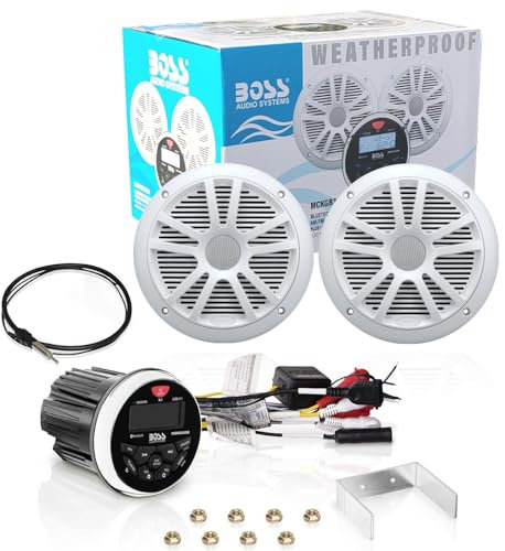 KIT Set pour Boss Audio Systems MCKGB350W.6 1 kit Marin avec récepteur Bluetooth AM/FM étanche, Une Paire d'enceintes MR6W 16,5 cm 6,5 90 Watts rms 180 Watts Max et Une antenne dipôle, 1 kit