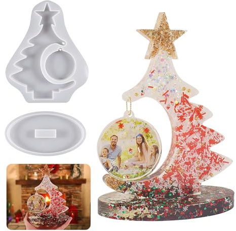 TNSLAND Groß Epoxidharz Formen Weihnachtsbaum Silikonform Bilderrahmen Epoxidharz Gießform Weihnachtsbaum Weihnachten Ornament Epoxidharz Fotorahmen mit Runde Anhänger Gießen Harzform Haus Dekoration