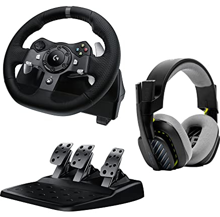 Logitech G G920 Driving Force Racing Wheel and Floor Pedals + A10 Gaming Headset Gen 2 Wired Headset - Over-ear gaming headphones with flip-to-mute microphone, Xbox Series X|S, Xbox, PC, Mac - Black