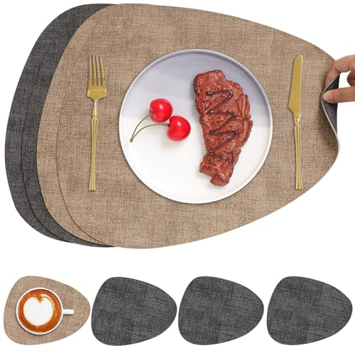 Chitomars Tischsets Kunstleder und Untersetzer, Tischsets Abwaschbar Doppelseitigen rutschfest Platzsets Rund Lederoptik Platzdeckchen Teller Untersetzer (4er Set, Grau Beige)