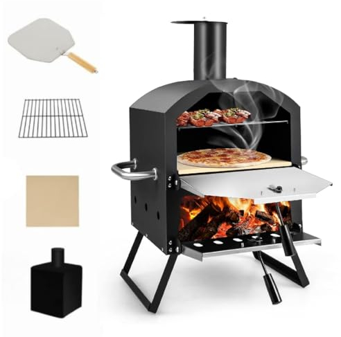 SPOTRAVEL Wood Fired Outdoor Pizza Oven, 2-Layer Pizza Maker with Waterproof Cover, Pizza Stone, Pizza Peel and Cooking Grill, Countertop Pizza Oven for Backyard, Camping