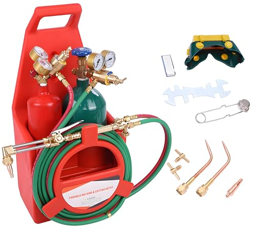 Portable Oxy Acetylene Torch Kit, Complete Welding & Cutting Kit with Oxygen & Acetylene Tanks, Dual Gauge, Regulators & Hoses, Professional Tote Oxygen Acetylene Torch Set for Brazing, Cutting
