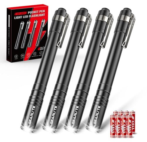 GEARLITE Pen Torch 4 Pack, Super Bright Small LED Torch with Clip, Lightweight Pocket Torch Battery Powered, Waterproof Flashlight for Camping, Emergency, Inspection (Batteries Included)