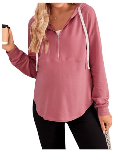 BEAUDRM Women's Maternity Half Zip Sweatshirts Long Sleeve Drop Shoulder Drawstring Hoodie Dusty Pink Medium