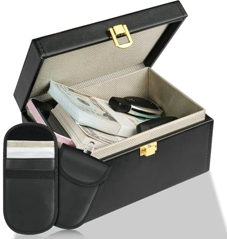 URAQT Boîtier de Blocage du Signal de clé de Voiture, Boite Protection clé Voiture+2 Etui RFID,Boitier Blocage Signal, Protecteur de Porte-clés Antivol/Prévenir Piratage à Distance(17.2x12.3x9.5cm).