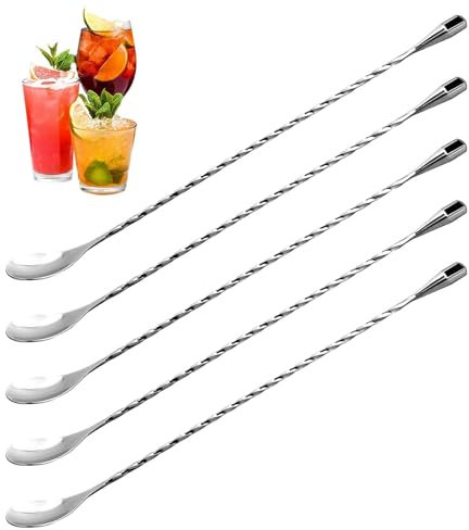 Lot De 5 Cuillères à Paille et Cocktail - Longue En Acier Inoxydable à Mélanger, à Long Manche, à Café et à Beurre