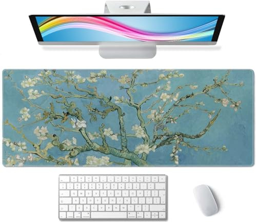 Gaming Mouse Pad, Large Mouse Pads for Desk, Non-Slip Rubber Base Mousepad, Keyboard Mouse Mat Desk Pad with Stitched Edges, 31.5x11.8 inch Vincent Van Gogh Almond Blossom