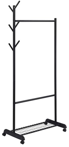 IDIMEX Kleiderständer AURIGO schwarz - Garderobenwagen mit Kleiderstange und Kleiderhaken, Ablagefläche für Schuhe, Rollgarderobe, Garderobenständer