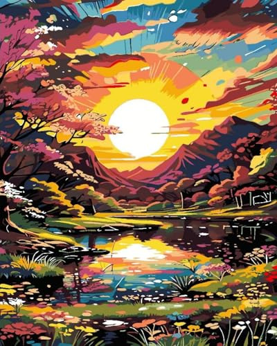 Fan House Malen Nach Zahlen Erwachsene -Wald-Sonnenuntergang- DIY Ölgemälde Leinwand Set mit 4 Pinsel und Acrylpigment für Home Deko Geburtstag Weihnachten Geschenk - 40 x 50 cm (Ohne Rahmen)
