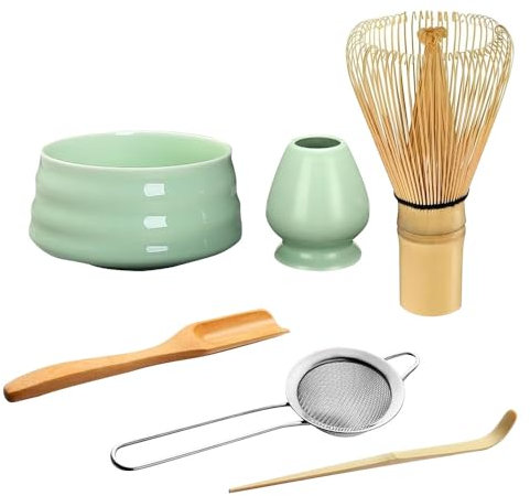 KBIBCK Matcha Tea Set, 6pcs Matcha Whisk Set, Matcha Ceremony Accessory, Whisk Holder, Matcha Bowl, Matcha Whisk, Scoop, Sifter, Ceramic Matcha Bowl Tea Ceremony Accessory for Making Matcha (Green)