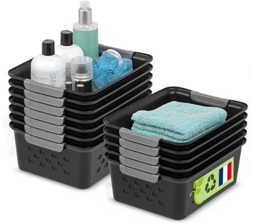 Iris Ohyama, Paniers d'étagère en Plastique Polyvalent, Ouvert, Noir, 5L, Lot de 12, Empilable, Ventilation, Contenu Visible, pour Salle de bain, Jouet, Bureau, Armoire, Organisateur, sans BPA, OSB-S