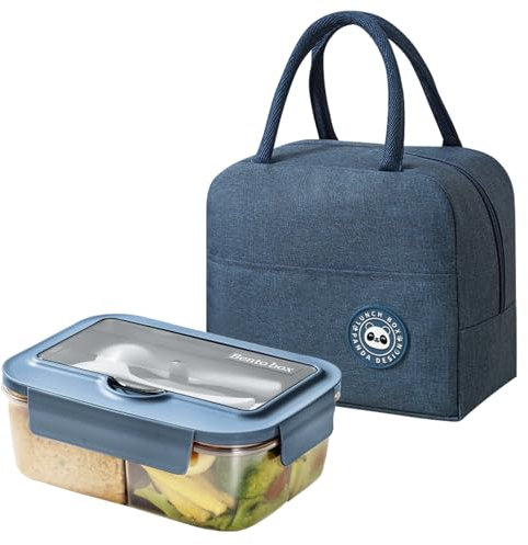 BRYN Bento Lunch Box Micro Ondable avec Sac Isotherme Repas, 1400Ml Boite Repas avec 3 Compartiments et Couverts, Boite à Lunch pour Pique-Nique, Travail, Écoles, Camping et Fitness (Bleu)