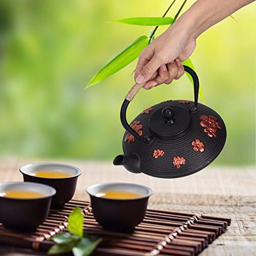 Tea Pot, 0.9L Red Iron Kettle Imitation Japanese Southern Cast Teapot Al Cherry Stovetop Kettles Pattern Copper Tetsubin Drinkware Tool for Home Restaurant