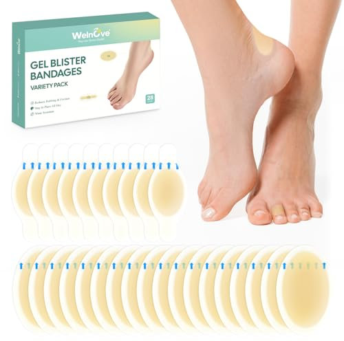 Welnove Bendaggi idrocolloidali per vesciche – 28ct Bende vesciche impermeabili – Cuscinetti adesivi per tallone, piedi, dita – Gel per la prevenzione e il recupero (Variety Pack)
